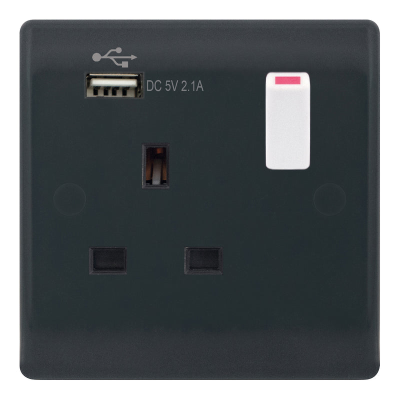 Selectric - Part M Smooth Grey 13 Amp DP Switched Socket USB Type A (2.1A) White Rockers  SSL626