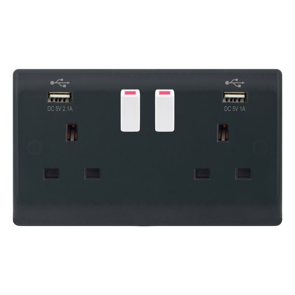 Selectric - Part M Smooth Grey 13 Amp DP Switched Socket 2 x USB Type A (2.1A) White Rockers  SSL627