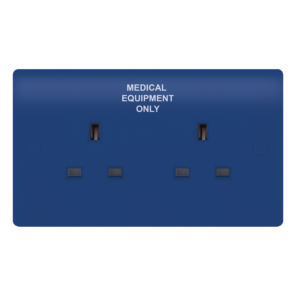 Selectric - SSL668 - 13A Blue Medical Socket Outlet 2 Gang Unswitched with Twin Earth