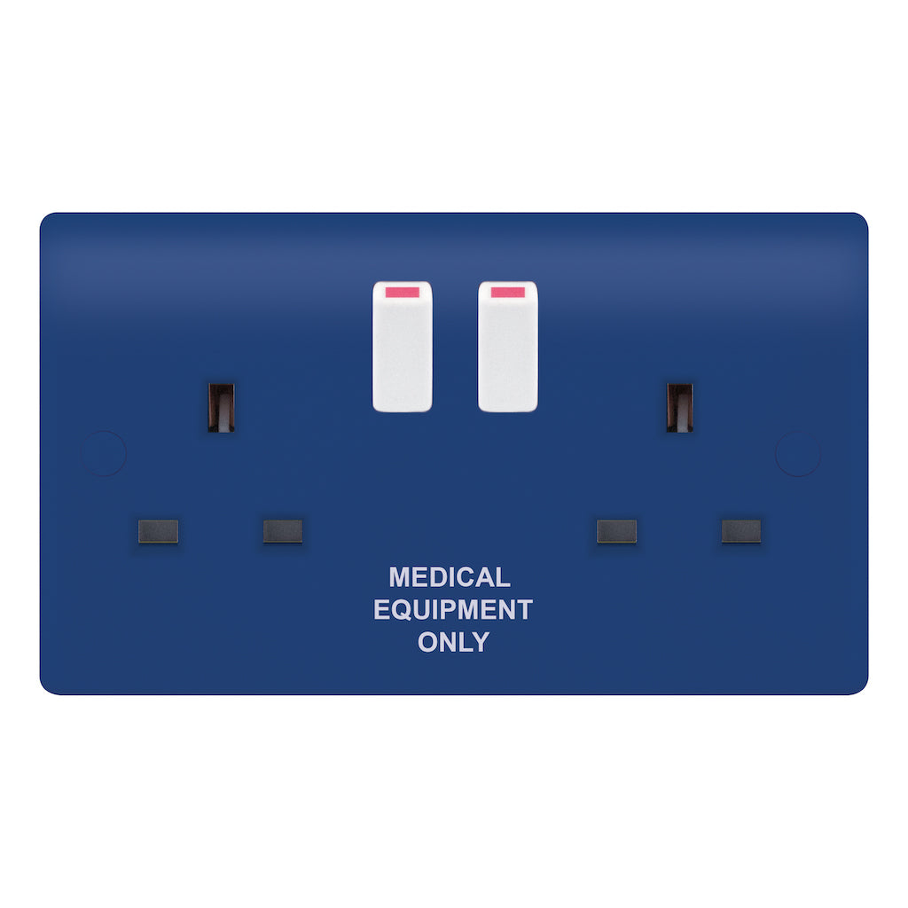 Selectric - SSL669 - 13A Blue Medical Socket Outlet 2 Gang Switched DP with Clean Earth