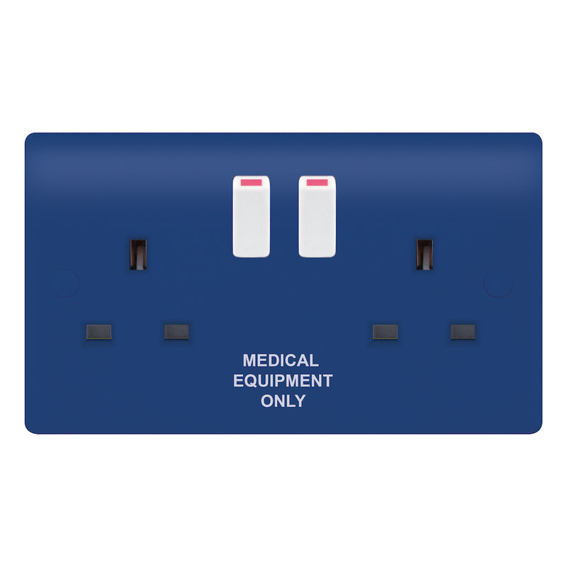 Selectric - SSL669 - 13A Blue Medical Socket Outlet 2 Gang Switched DP with Clean Earth