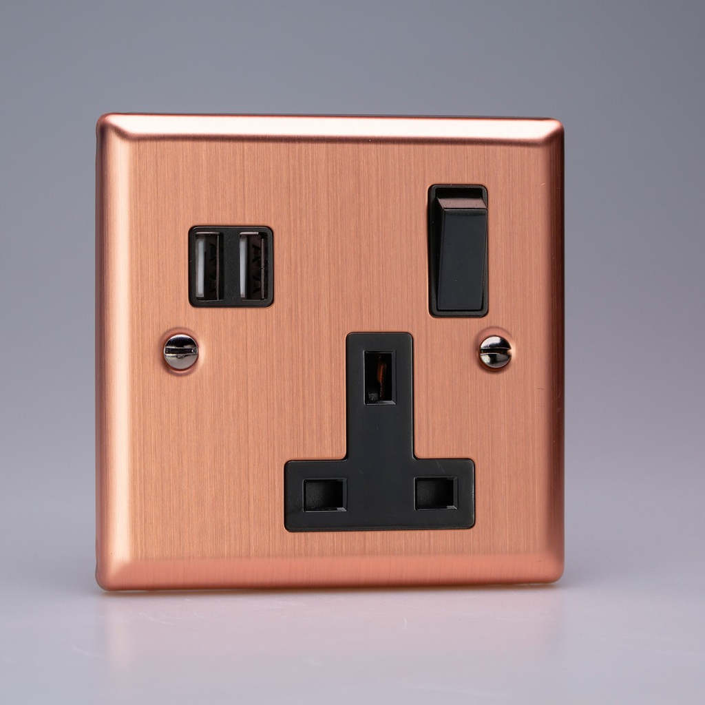 Varilight - Urban Brushed Copper 1 Gang 13A SP Switched Socket + 2x5V DC 3400mA USB Charging Ports  XY4U2SB.BC