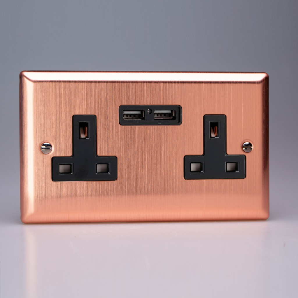 Varilight - Urban Brushed Copper 2-Gang 13A Unswitched Socket + 2x5V DC 2100mA USB Charging Ports  XY5U2B.BC