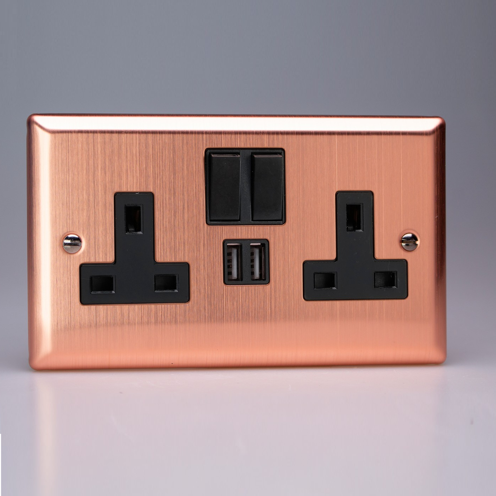 Varilight - Urban Brushed Copper 2-Gang 13A Single Pole Switched Socket + 2x5V DC 2100mA USB Charging Ports  XY5U2SB.BC